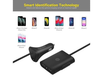 Go Power Shareable Car Charger 4-Port USB 48 W 9.6 AMP 6.6 FT 2 Meter Cable for Front Seat and Back Seat