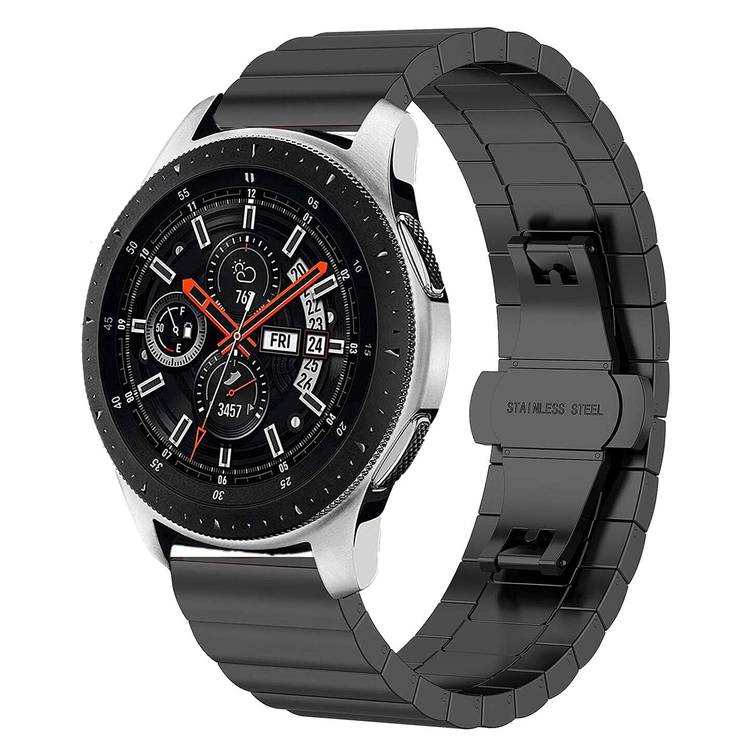 22mm Watch Strap Stainless Steel Metal Compatible All Smartwatch Belt Matte Finish Luxury Band Black 90 G