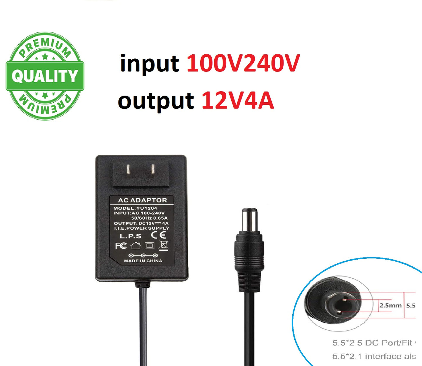 12V 4A Power Supply Adapter - AC 100-240V 50/60Hz to DC 12v 4a  with Pin 5.5mm x 2.1mm 1M cable