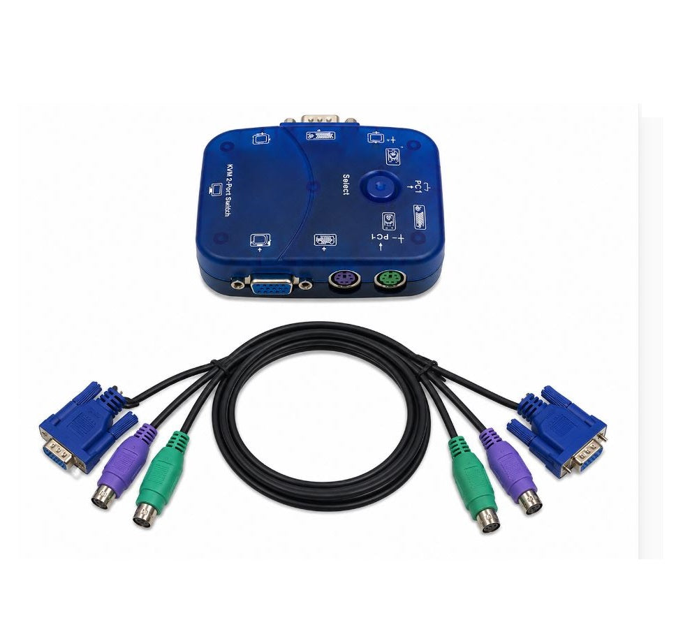 Branded Used KVM 2-Port Switch KVM-102-01 VGA PS/2 with Cables | Control 2 PCs with 1 Monitor, Keyboard & Mouse