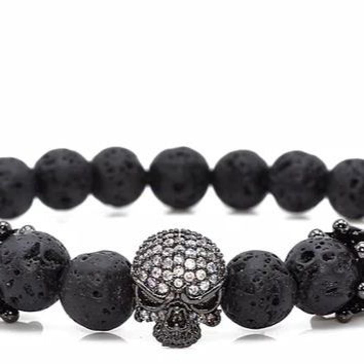 Brand Trendy Natural Beads Strand Bracelet Micro Pave CZ Skeleton Skull Black Lava Rock Stone Energy Men European Buddha Jewelry