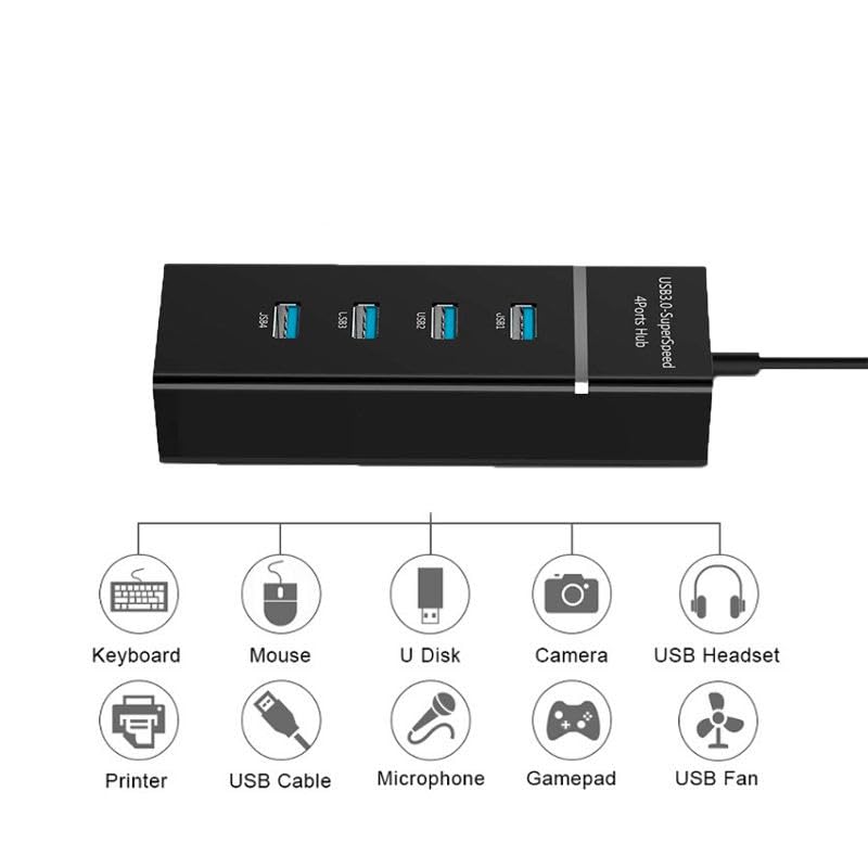 USB 3.0 Hub, 4 Port SuperSpeed, High-Speed Multiport Adapter with 30cm Cable, Black