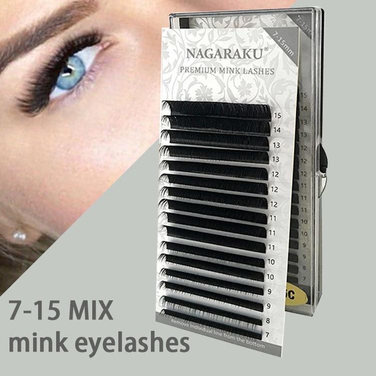 NAGARAKU Eyelash Extensions Individual Lashes 0.07mm D curl 7-15mm Mix Tray Classic Matte Black Soft Natural Faux Mink 16 rows