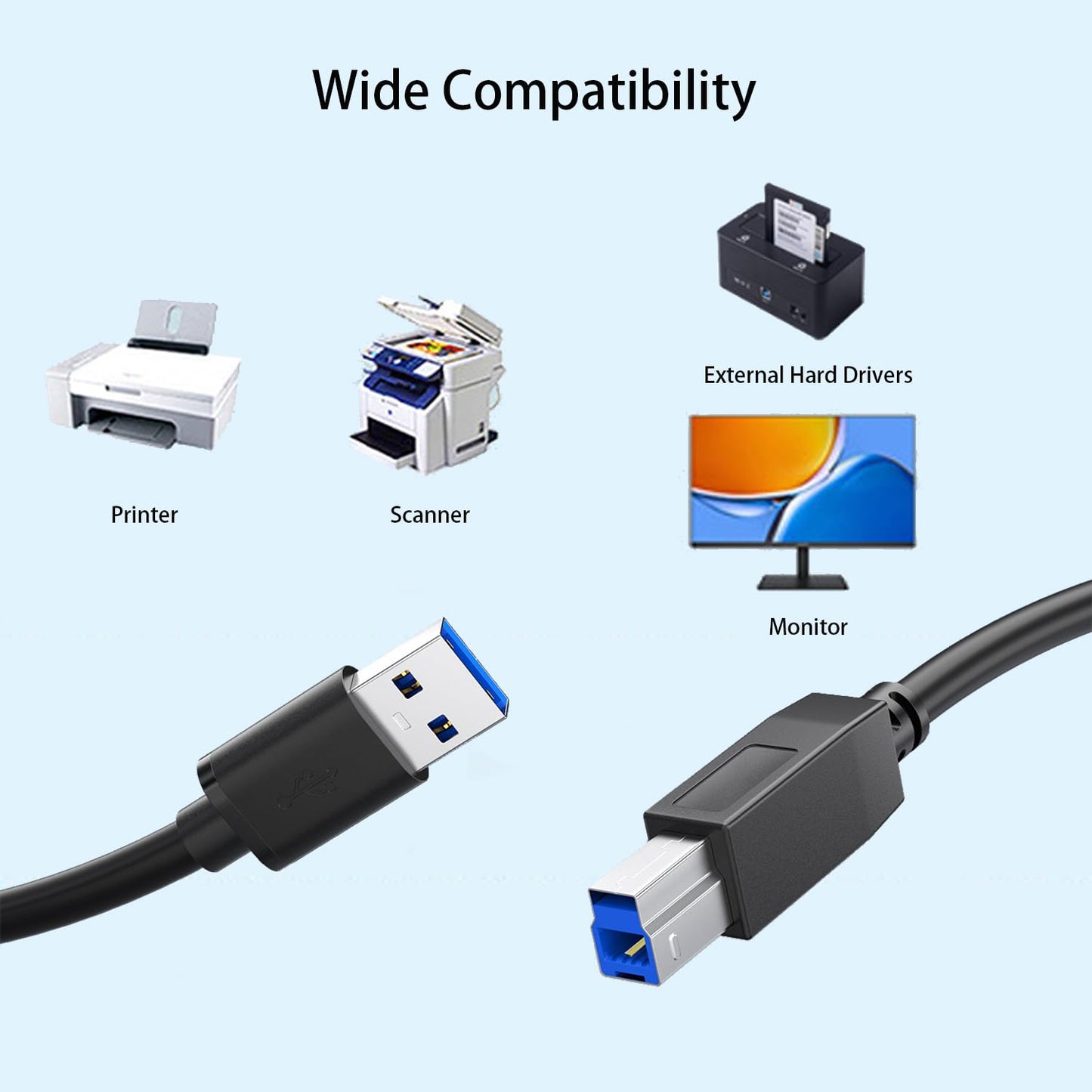 USB 3.0 Printer Cable – SuperSpeed 5 Gbps USB-A to B Male Cord Compatible with HP, Canon, Epson Printers, Scanners, Docking Stations, External Hard Drives & More