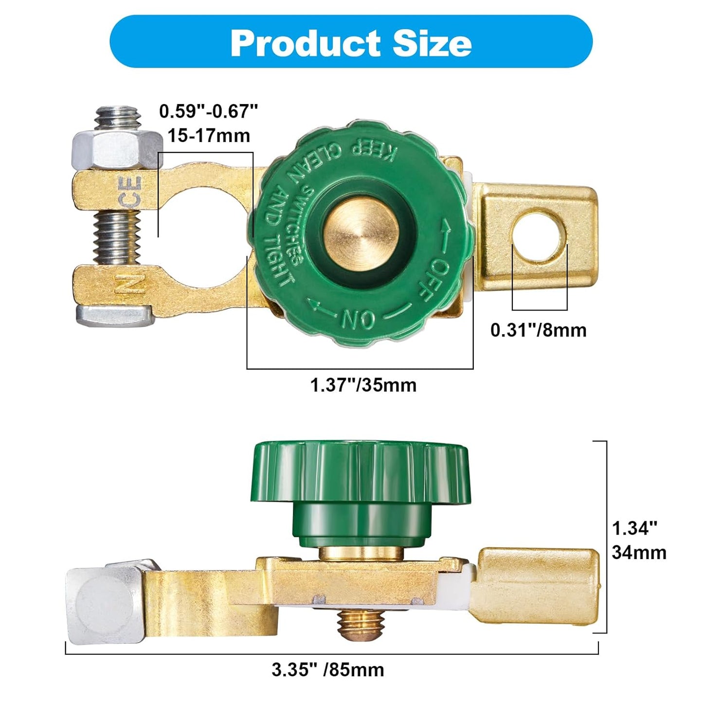 12V–24V Top Post Battery Cut Off Switch with Green Knob – Quick Disconnect Battery Isolator for Cars, Trucks, RVs & Boats
