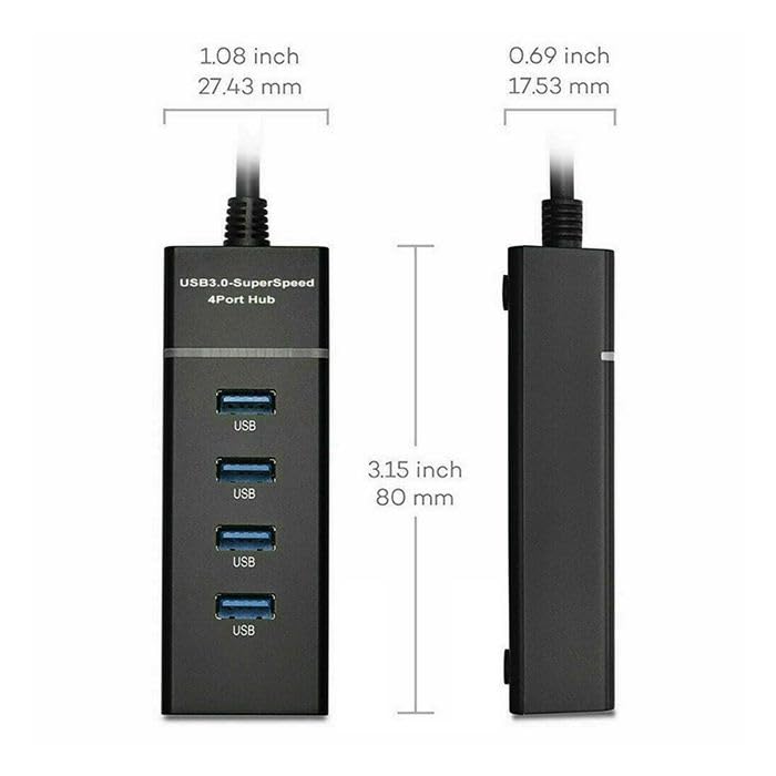 USB 3.0 Hub, 4 Port SuperSpeed, High-Speed Multiport Adapter with 30cm Cable, Black