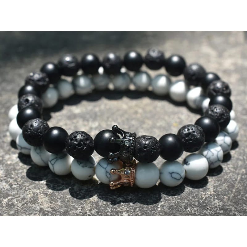 2pice Kirykle 8mm Black White Natural Lava Stone Rhinestone Decor Crown Bracelet Beads Bracelets for Men Women Couples Jewelry Gift