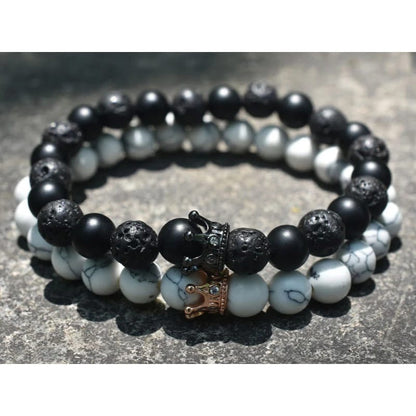 2pice Kirykle 8mm Black White Natural Lava Stone Rhinestone Decor Crown Bracelet Beads Bracelets for Men Women Couples Jewelry Gift