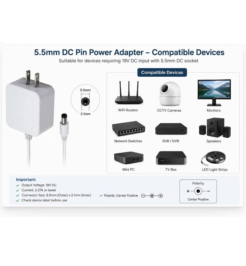 Lucent Trans 19V 2.37A AC Power Adapter with 5.5mm DC Jack - Laptop Charger Power Supply