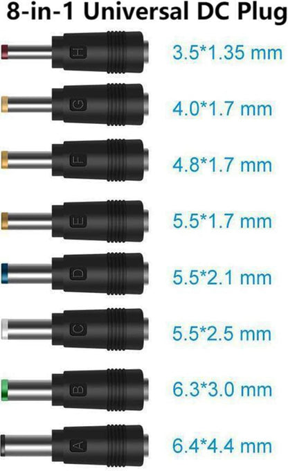 8-in-1 Universal Laptop DC Power Adapter Connector – 5.5mm x 2.1mm Female to Male Plug Converter with 22cm Tuning Fork Cable for Laptop Power Supply