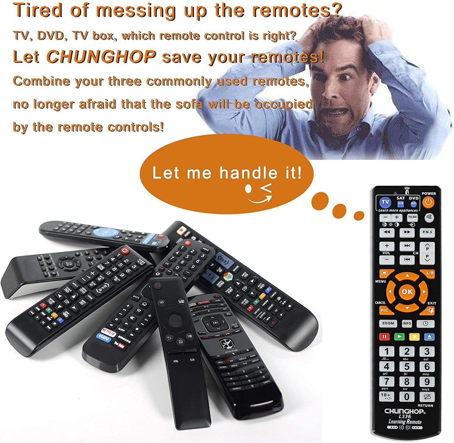 CHUNGHOP L336 Universal Learning Remote Control – Smart IR Learning Controller for TV, CBL, DVD, SAT, VCD, CD & Hi-Fi Systems