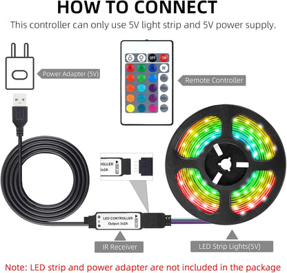 5V USB RGB LED Controller with IR Wireless Remote – 4-Pin 5050/2835/5630 LED Strip Controller (19cm / 1.5ft) for Color Changing Lights