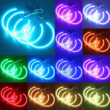 4 PCS 131MM RGB LED Angel Eye Halo Rings for BMW E46 E38 E39 3/5/7 Series – 5050 SMD Multi-Color Headlight Kit with IR Remote Control (16 Colors)