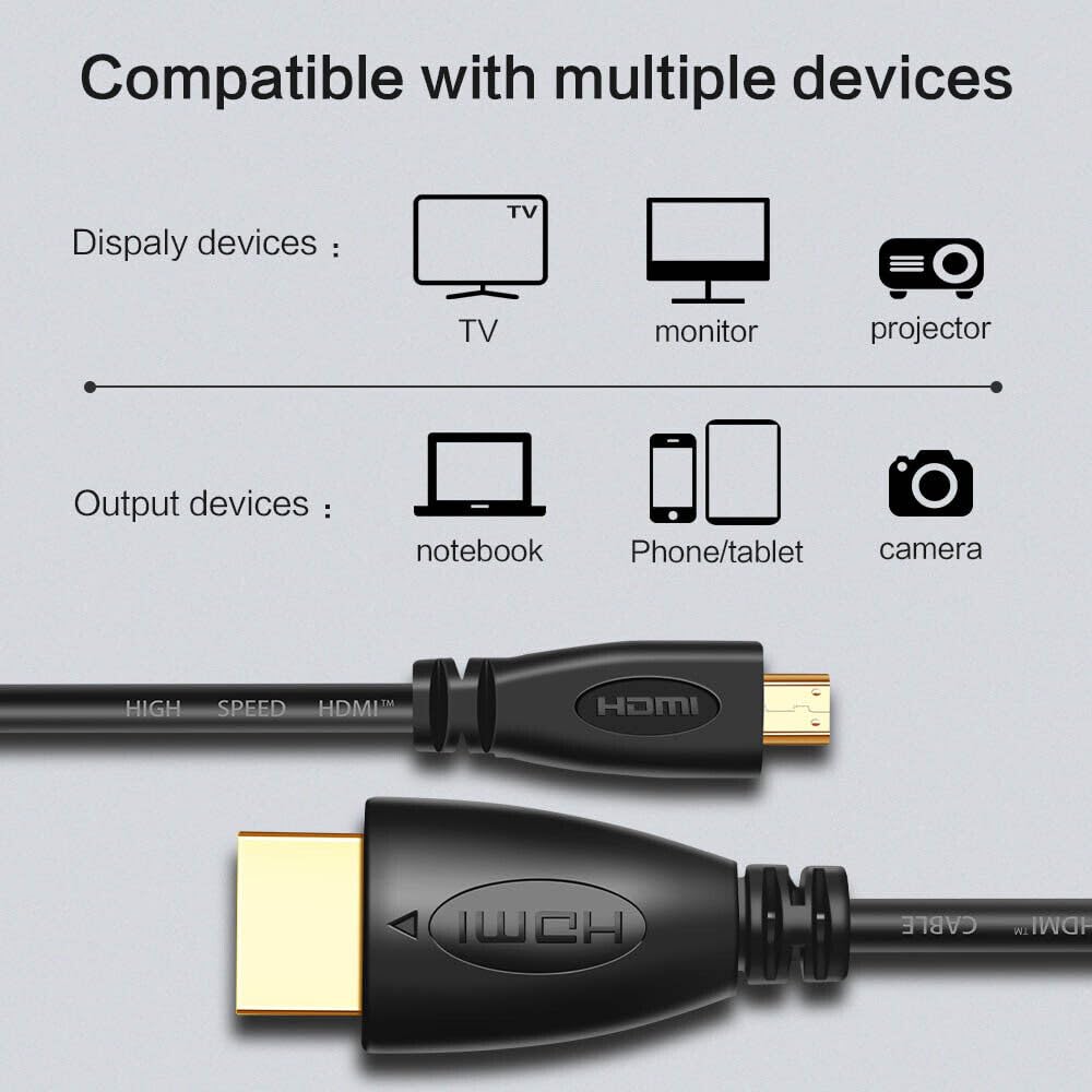 Micro HDMI to HDMI Cable 2 Meter High-Speed 4K 60Hz | Gold Plated Connector Supports 3D HD Video Cable for TV, Camera, Tablet