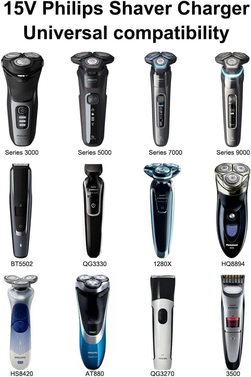 15V Charger for Philips Norelco Shaver – Compatible with Aquatec, Arcitec & Multigroom Beard Trimmer Power Adapter