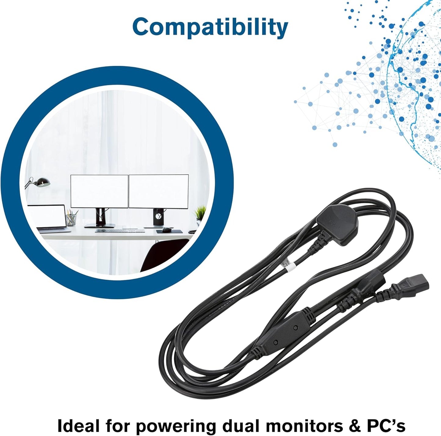 Dual C13 Y Power Cable 2.5 m – BS 1363 18AWG 10A AC Cord for Electronics