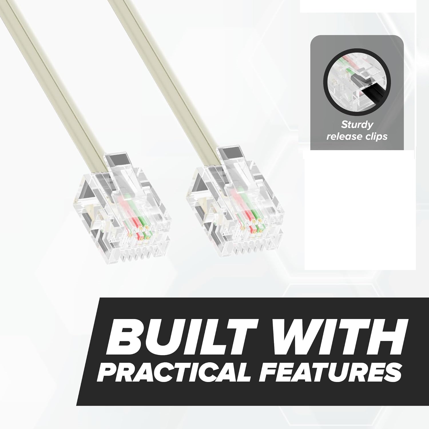 Phone Line Cord Modular Telephone Extension Cable – 2 Conductor 2 Pin 1 Line Cord for Telephone, Fax, AIO Machines – Ivory
