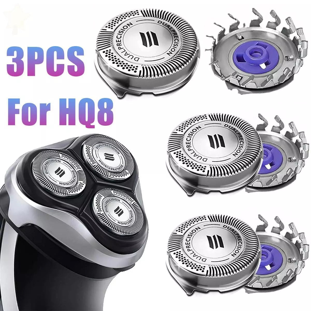3pcs DualPrecision HQ8/52 Replacement Heads Fits Ph-ilips Norelco Shaving AT750/AT751 AT890 AT891 PT710 PT720 PT730 7110X 8831XL