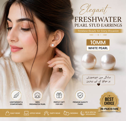 White Freshwater Pearl Stud Earrings 10mm for Women & Girls – Elegant Fashion Jewelry