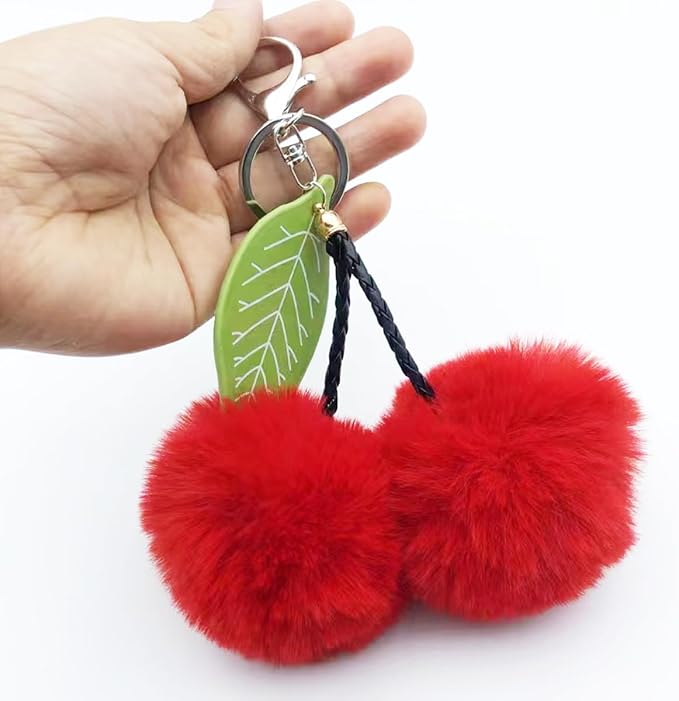 Cute Cherry Faux Pom Pom Soft Fluffy Ball Key Chain Car Keying Bag Wallet Pendant Ornament (Red)