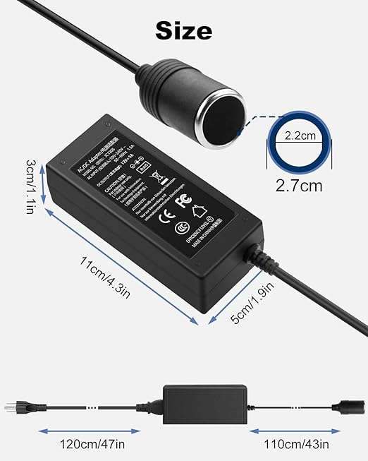 AC 100-240V to DC 12V 5A (60W) Power Adapter with Female Car Cigarette Lighter Socket – AC to DC Converter