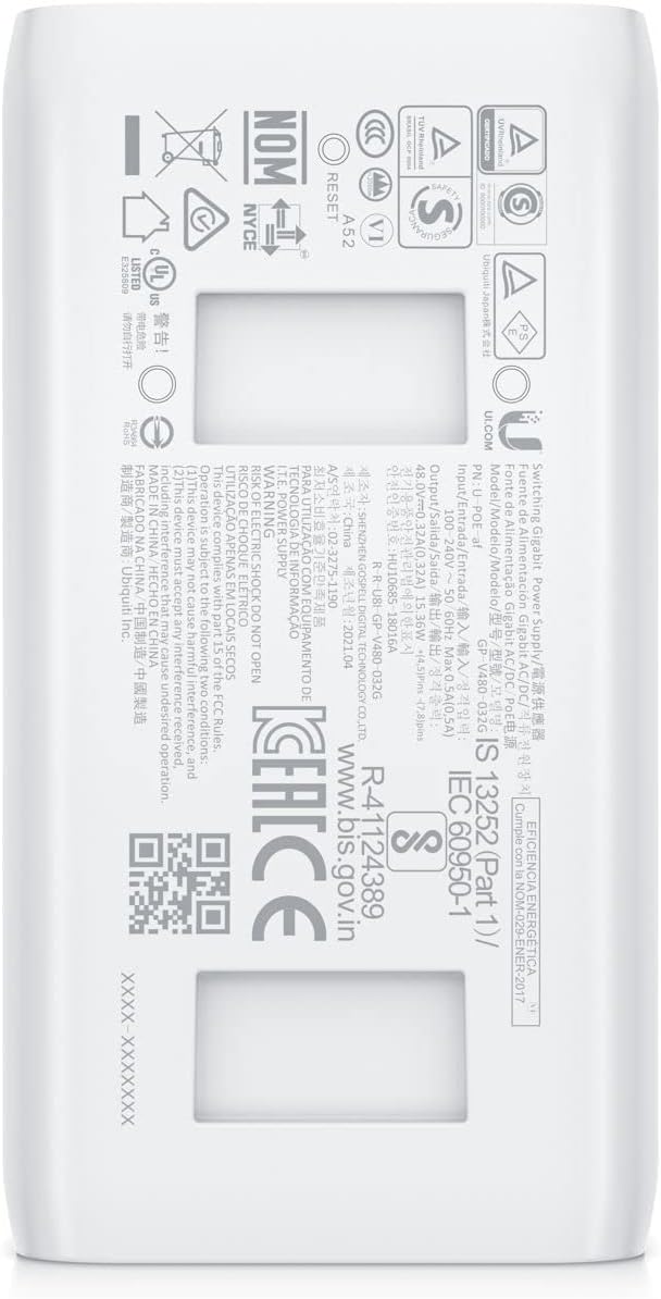 GP-V480-032G 48V 0.32A PoE Injector Power Supply, Gigabit Switching Power Over Ethernet, IEEE 802.3af Compatible Ubiquiti 802.3af PoE Injector