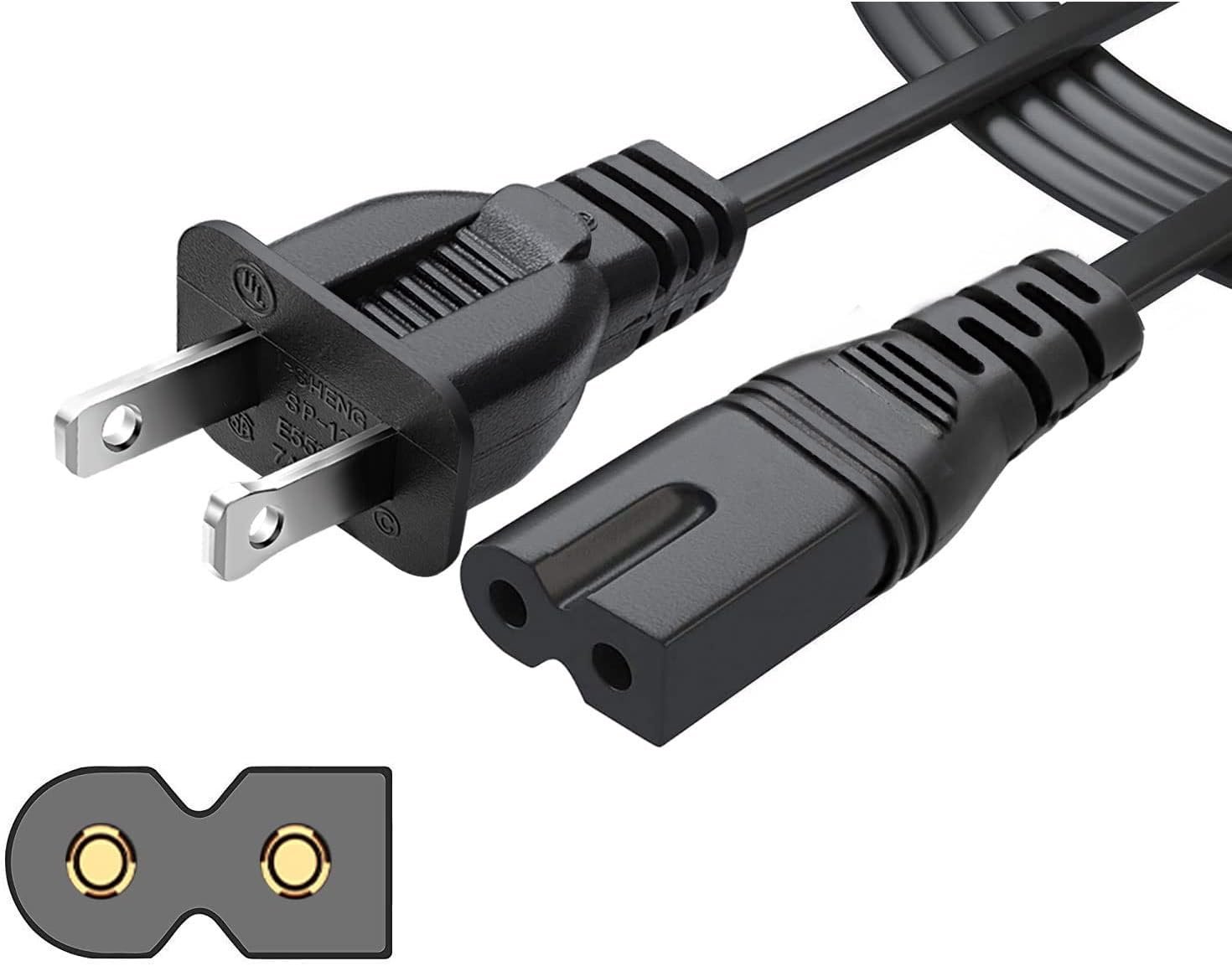 🔌 Polarized 2-Prong Power Cord – Copper Wire Core  NEMA 1-15P to C7 / C8 (IEC320) | Square / Round | UL Listed | Black
