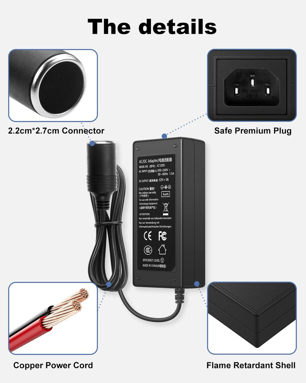 AC 100-240V to DC 12V 5A (60W) Power Adapter with Female Car Cigarette Lighter Socket – AC to DC Converter