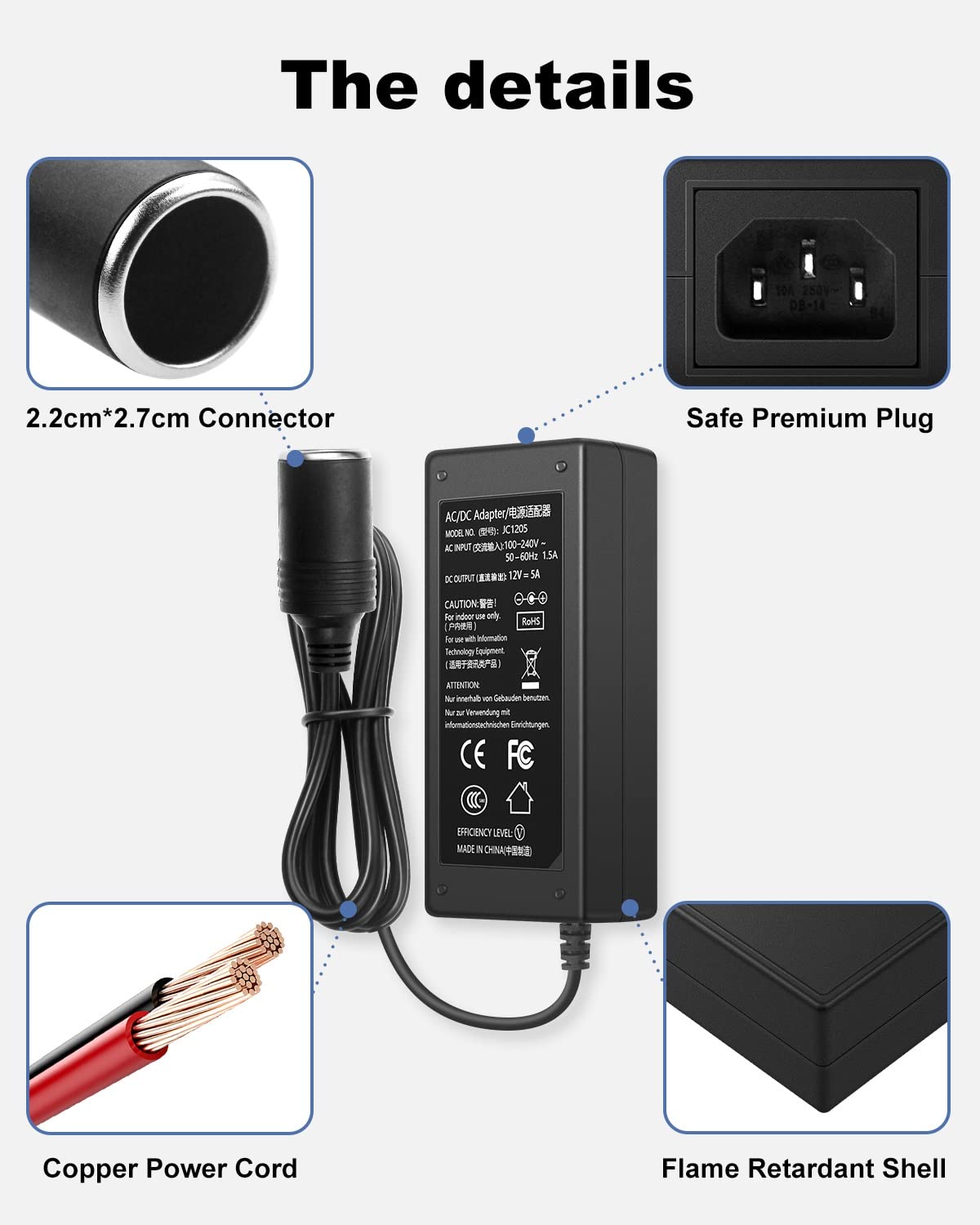 AC 100-240V to DC 12V 5A (60W) Power Adapter with Female Car Cigarette Lighter Socket – AC to DC Converter