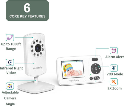 HelloBaby HB30 Video Baby Monitor with Digital Camera and Audio, No WiFi No App Safety Baby Monitor, 8 Languages, Auto Night Vision, 1000ft Transmission Range, 2.4 inch Portable Screen