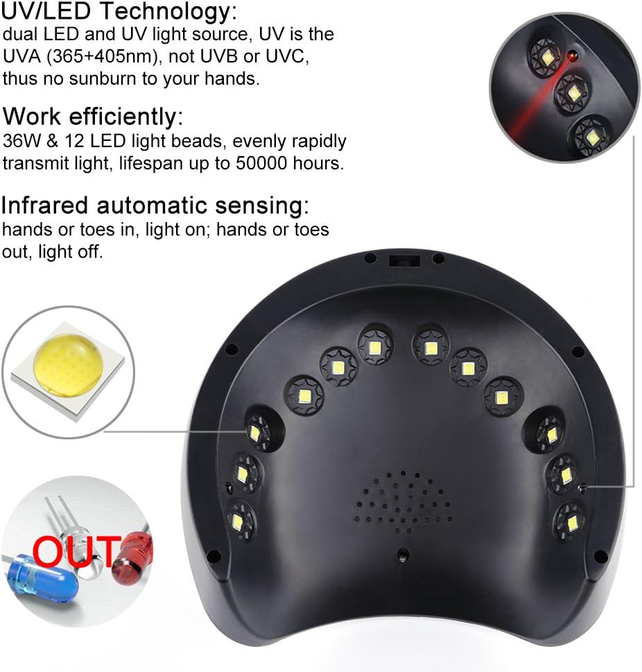 Nail Lamp, Bevili 36W LED UV GEL Nail Dryer Curing Lamp with 60s/90s/120s Timer, Portable Nail Manicure Machine with Automatic Sensor for Fingernail & Toenail