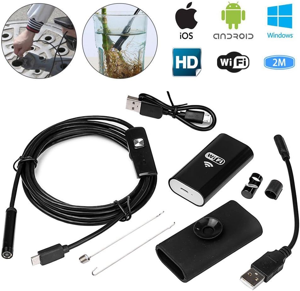 2M WiFi Inspection Camera – 8mm Lens • 5m Rigid Cable • 2.0MP HD • IP67 Waterproof • 6 LEDs • iPhone/Android/PC Compatible