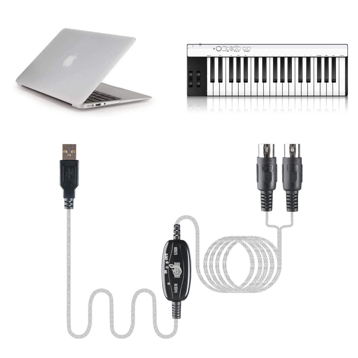 USB to MIDI Converter Cable 2 in 1 PC to Music Synthesizer Studio Keyboard Interface Wire Controller Cable Adapter Cord 16 Channel Supports Windows Laptop