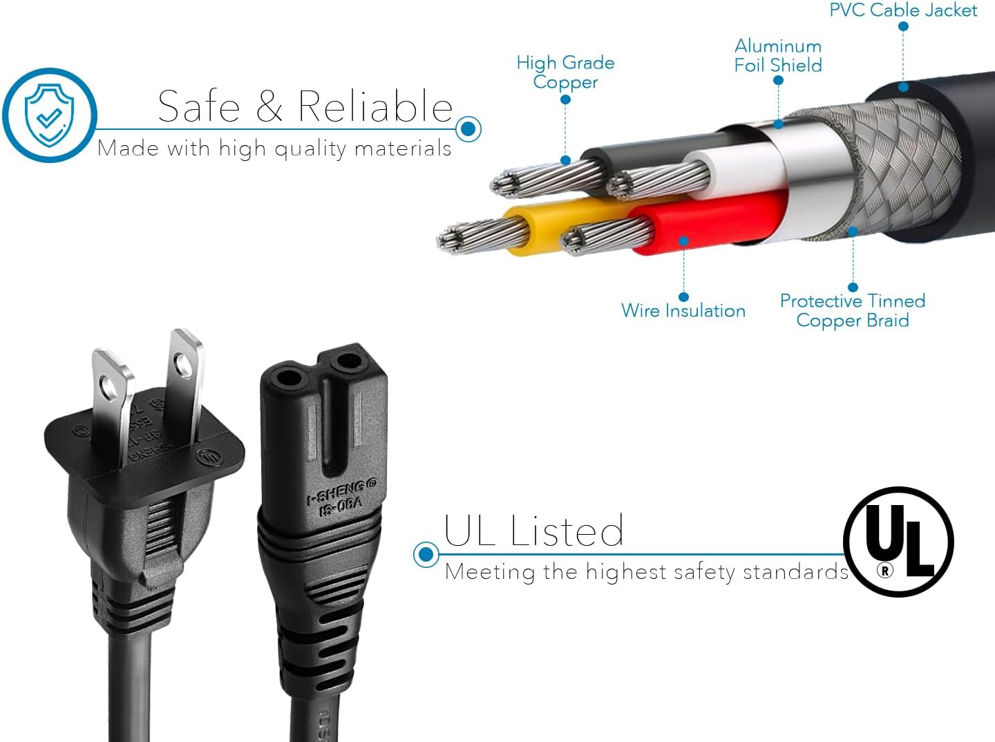 🔌 Polarized 2-Prong Power Cord – Copper Wire Core  NEMA 1-15P to C7 / C8 (IEC320) | Square / Round | UL Listed | Black