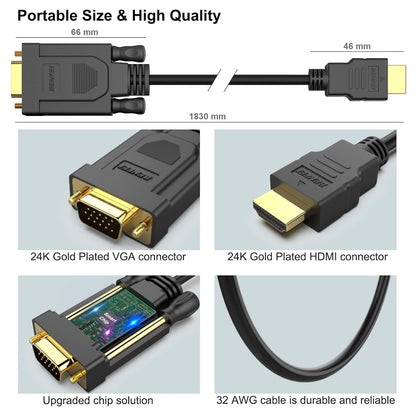 HDMI to VGA Cable 1.83 Meter (6FT) Gold-Plated Male to Male Adapter Cable for Laptop, PC, Desktop, Monitor, Projector & HDTV – Black