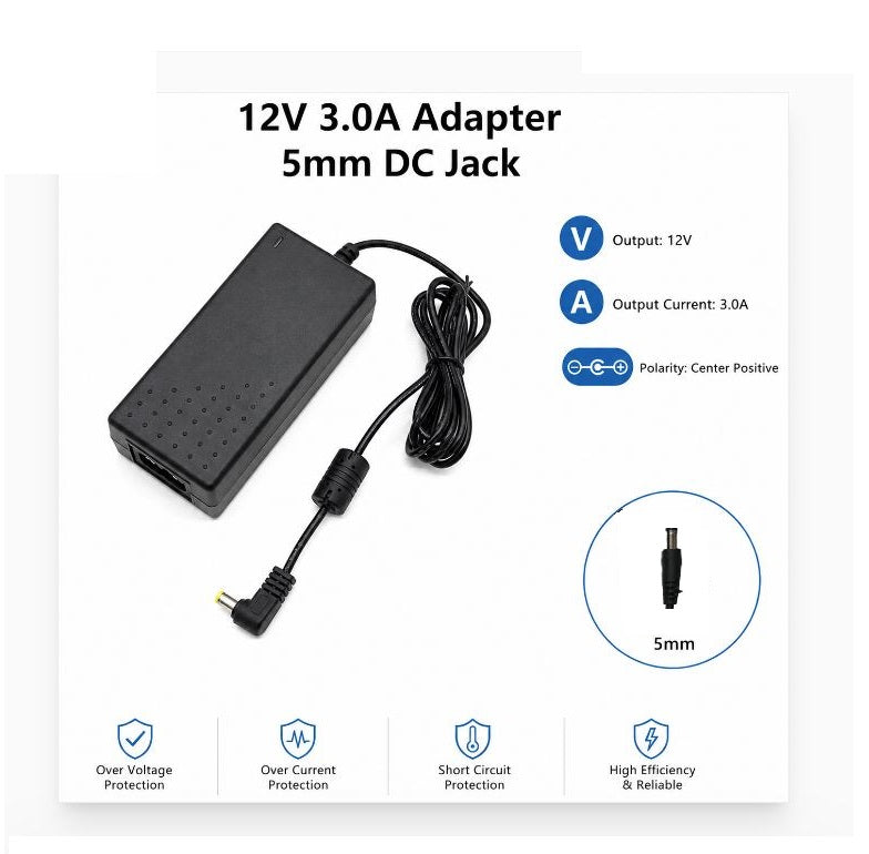 12V 3A Power Adapter with 5mm DC Jack – 100-240V AC Input, 12V 3A Power Adapter with 5mm x 3.5mm Center Pin DC Jack – AC 100-240V | Stable DC Power Supplycm Cable, Stable DC Power Supply