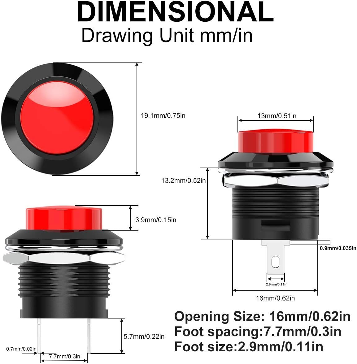 16mm Push Button Switch ON/OFF Momentary | 12V Round Push Button Power Switch with Pre-Wired Cable Red And Black color