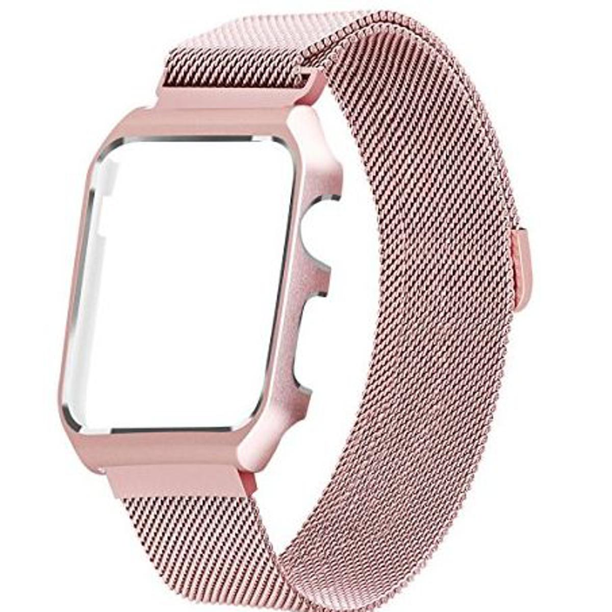 Compatible for i Watch Band Milanese Loop, Stainless Steel Magnetic Band with Metal Case for iWatch Series 1/2/3 - Shockproof Protective Bumper Replacement Strap(38mm Rose Gold)