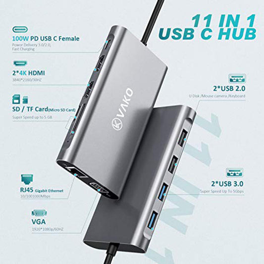VaKo USB C Hub 11 in 1 Laptop Docking Station Triple Display USB C Adapter for Book and Windows with Dual HDMI VGA PD