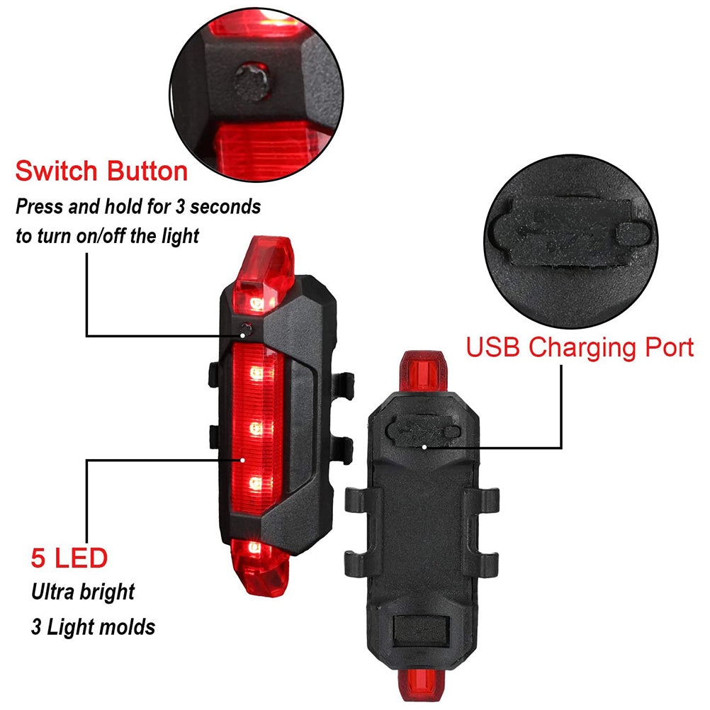 Bicycle Lights, 5 Sharp LED,Long Back Up, Premium A One Quality, Outdoor waterproof strobe emergency LED lights, 4 flash modes, USB charging, portable car safety bicycle lights