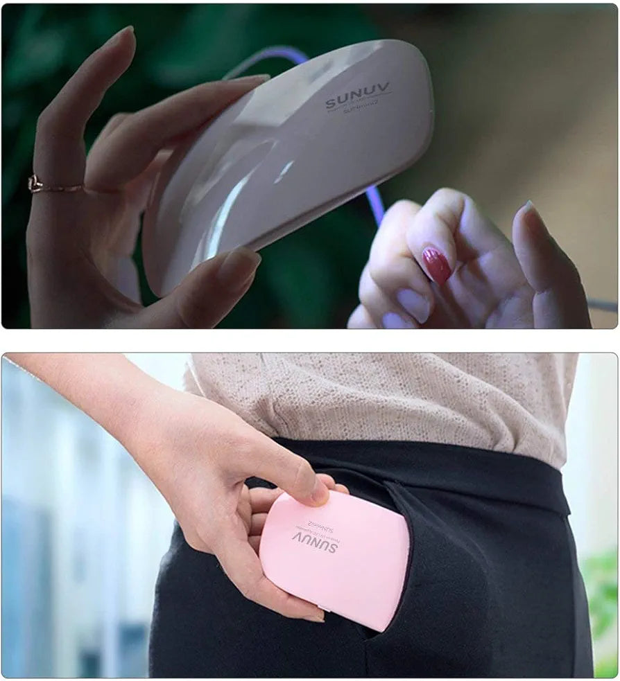 6W UV LED Nail Lamp.Two images of a white and pink UV device labeled 'SUNUV' held by hands.