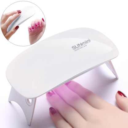6W UV LED Nail Lamp.White nail lamp with 'SUNmini' branding, used on a hand with pink gradient nails.