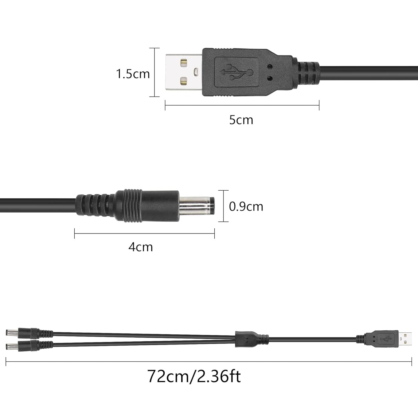 2 Ft USB to Dual DC Splitter Cable 5V – USB to 2 DC 5.5x2.1mm Barrel Jack Power Cable for Router, LED Light, Fan & Small Appliances