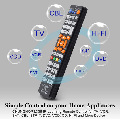 CHUNGHOP L336 Universal Learning Remote Control – Smart IR Learning Controller for TV, CBL, DVD, SAT, VCD, CD & Hi-Fi Systems