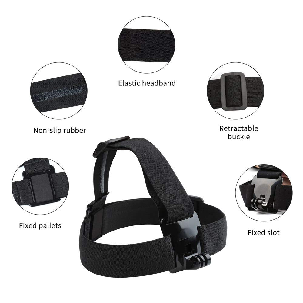 Head Strap Mount for Go Pro Hero 8, 7, 6, 5, Black, Session, Hero 4, Black, Silver, Hero+ LCD, 3+, 3, DJI Osmo Action Cameras Adjustable Elastic Band