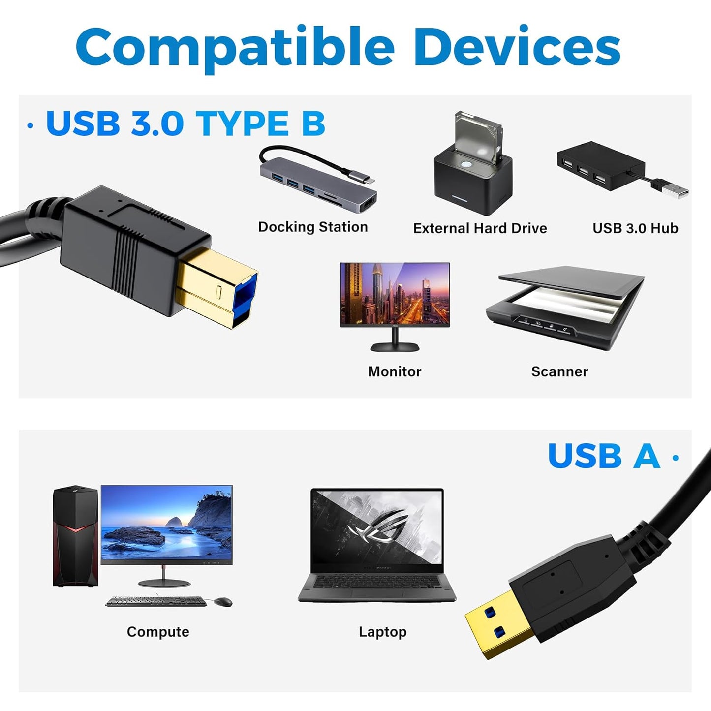 1.5 Meter USB 3.0 Type-A to USB B Cable – High Speed Printer & External Hard Drive Cable with Gold-Plated Connectors