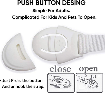 Child Proof Safety Locks for Drawers, Cabinets & Doors – Easy Install Kid-Resistant Straps (21×5 cm, White) for Cupboards, Wardrobes, Toilets & Furniture