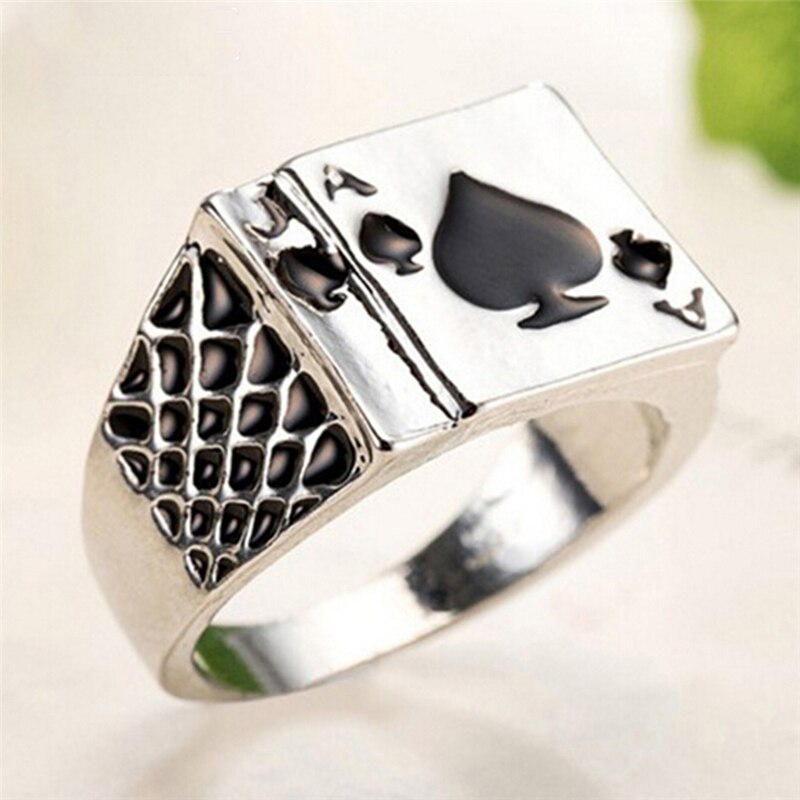 Classic Cool Men's Jewelry Chunky Black Enamel Spades Ring Men Sliver Color