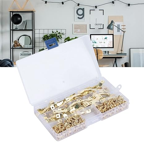 100pcs Sawtooth Hangers Hanging Hooks Suspension Serrated Hook Gold Double-Sided Serrated Hook Carbon Steel Self-Tapping Screw Set with 200pcs Screws for Paintings Picture Frame,Screw