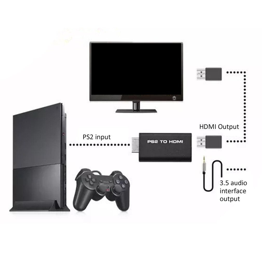 PS2 to HDMI Converter Adapter, PS2 to HDMI Video Converter with 3.5mm Audio Output Cable for HDTV HDMI Monitor AV to HDMI Signal Transfer Adapter, Supports All Playstation 2 Display Modes A1